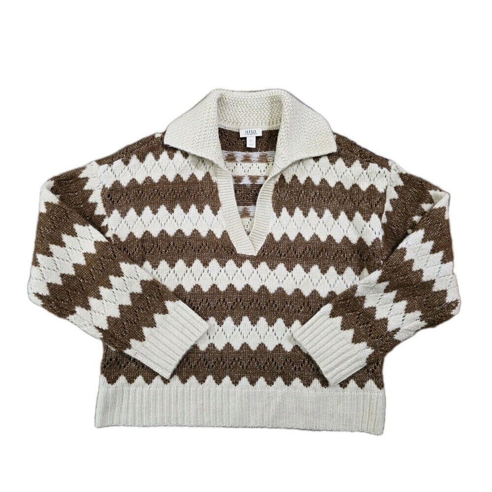 ANA A New Approach Chevron Sweater Womens XS Brown Cream Collared V Neck Knit - Picture 11 of 11